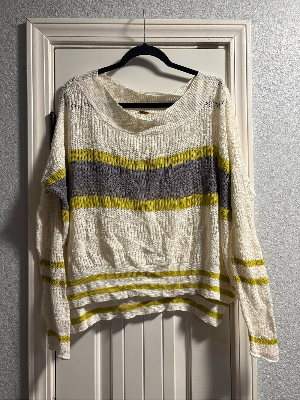 Free People Sweater Womens Large Cream Striped Open Knit Boho Scoop Neck Pullo